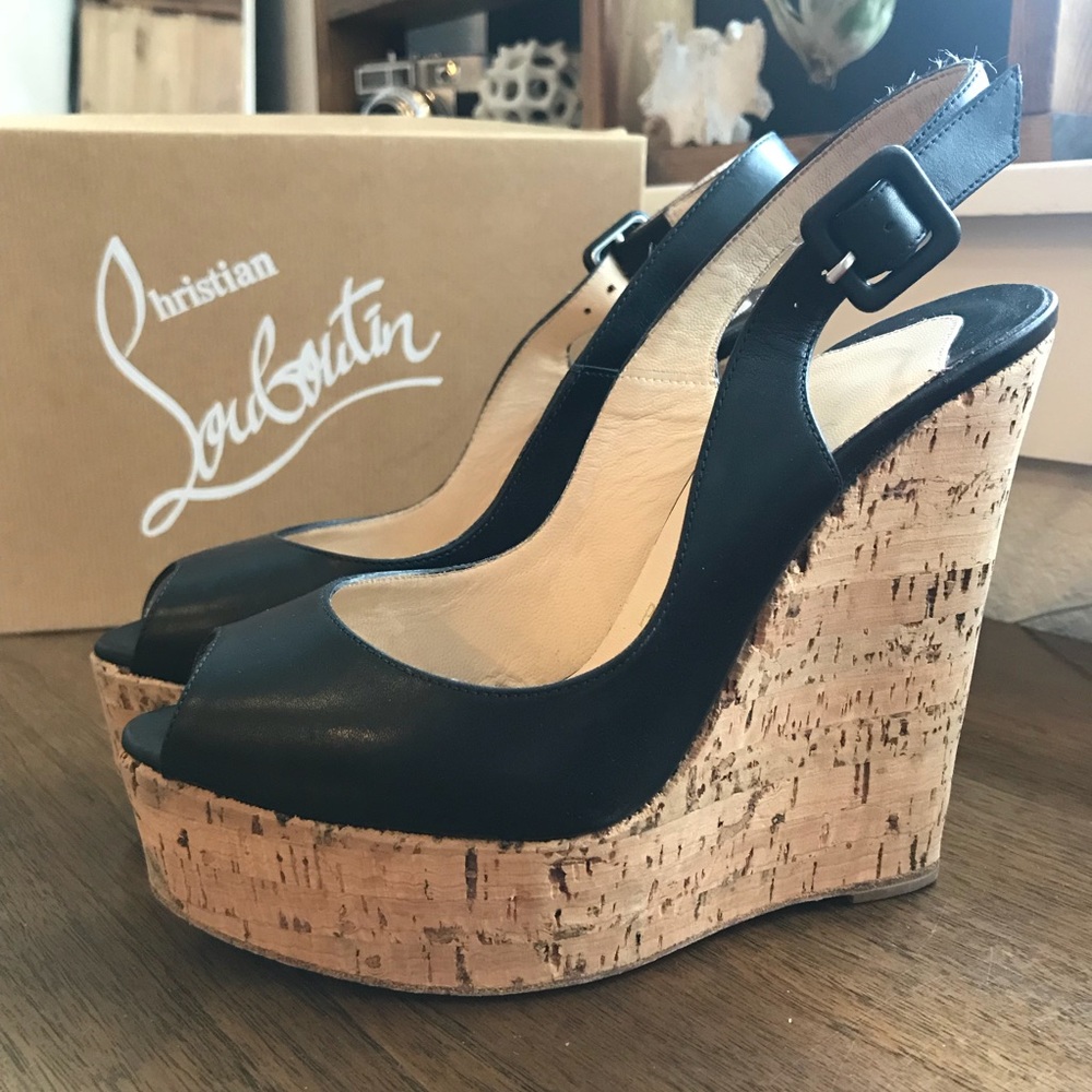 Christian Louboutin Black Sling Black Cork Wedge
